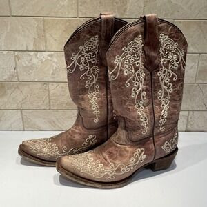 Corral Teens Brown Embroidered Floral Leather Western Cowboy Boots Size‎ 4